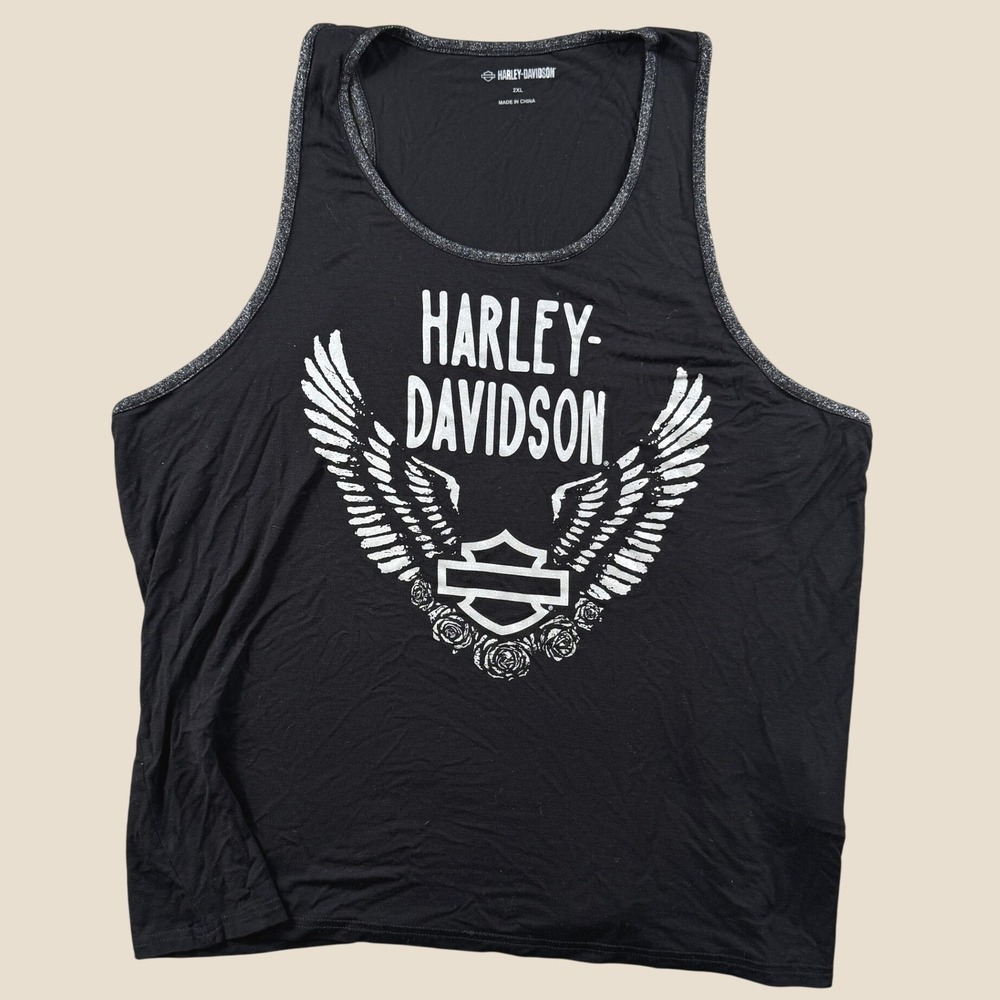 Harley-Davidson Tank Top Women 2XL Black Wings Rose Glitter Biker Moto Graphic